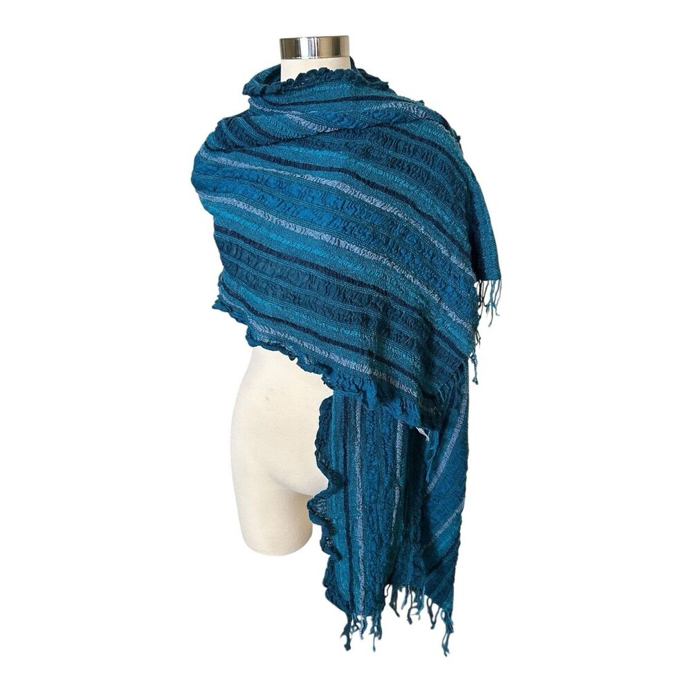 Banaris Blue Crinkle Fine Merino Wool Fringe Wrap Scarf